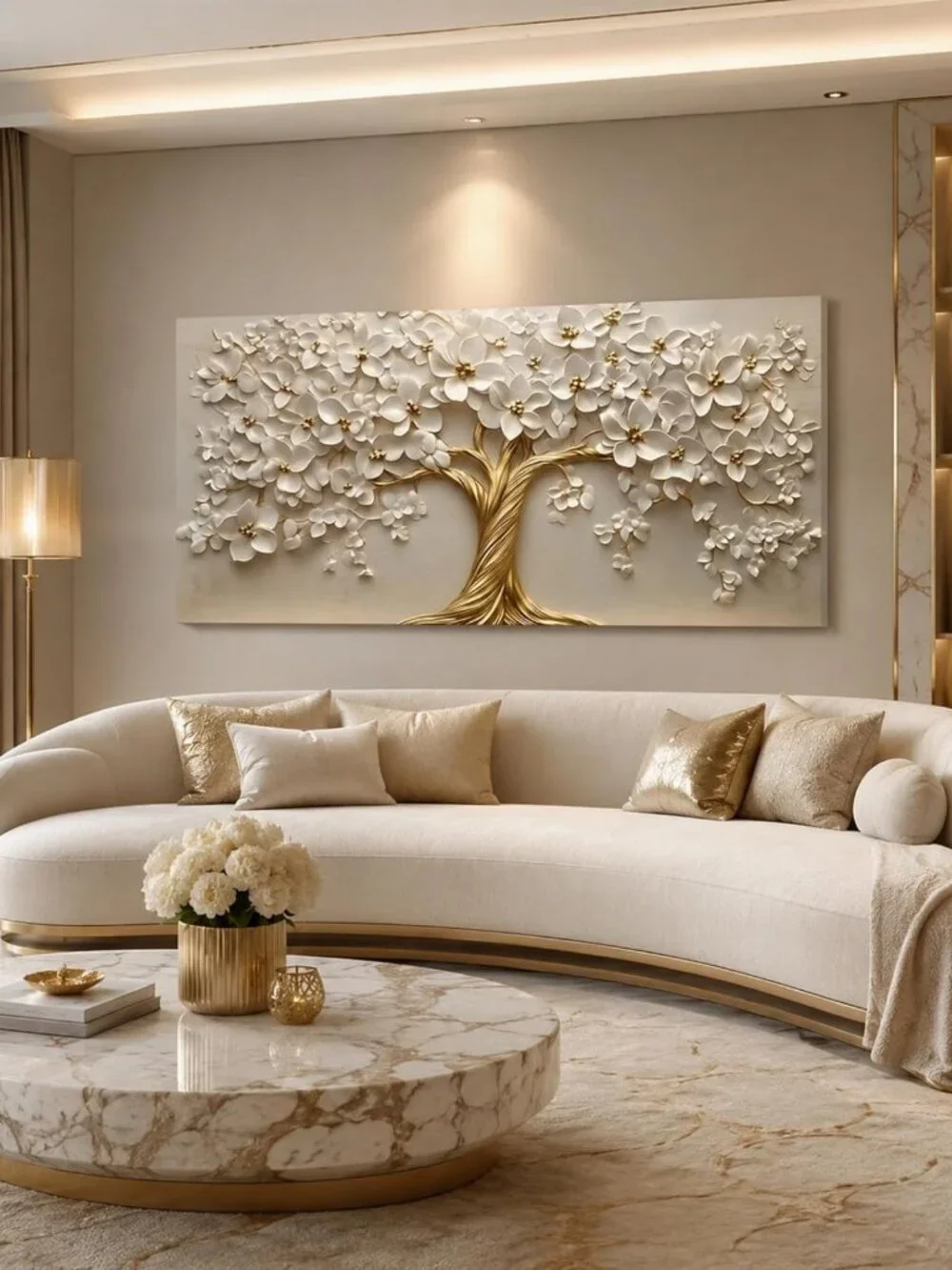 Large Tree of Life Canvas Art - Gold Floral Wall Decor for Living Room & Office